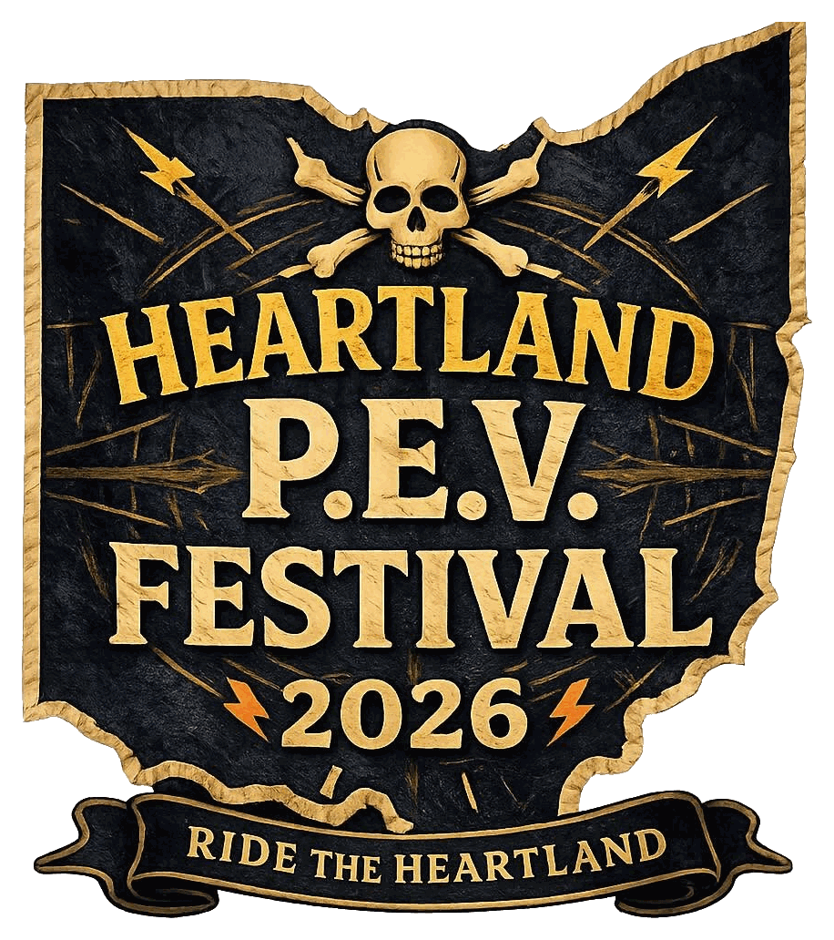 Heartland P.E.V. Festival 2026 emblem — a skull and crossbones with lightning bolts on the shape of Ohio, banner reading Ride the Heartland